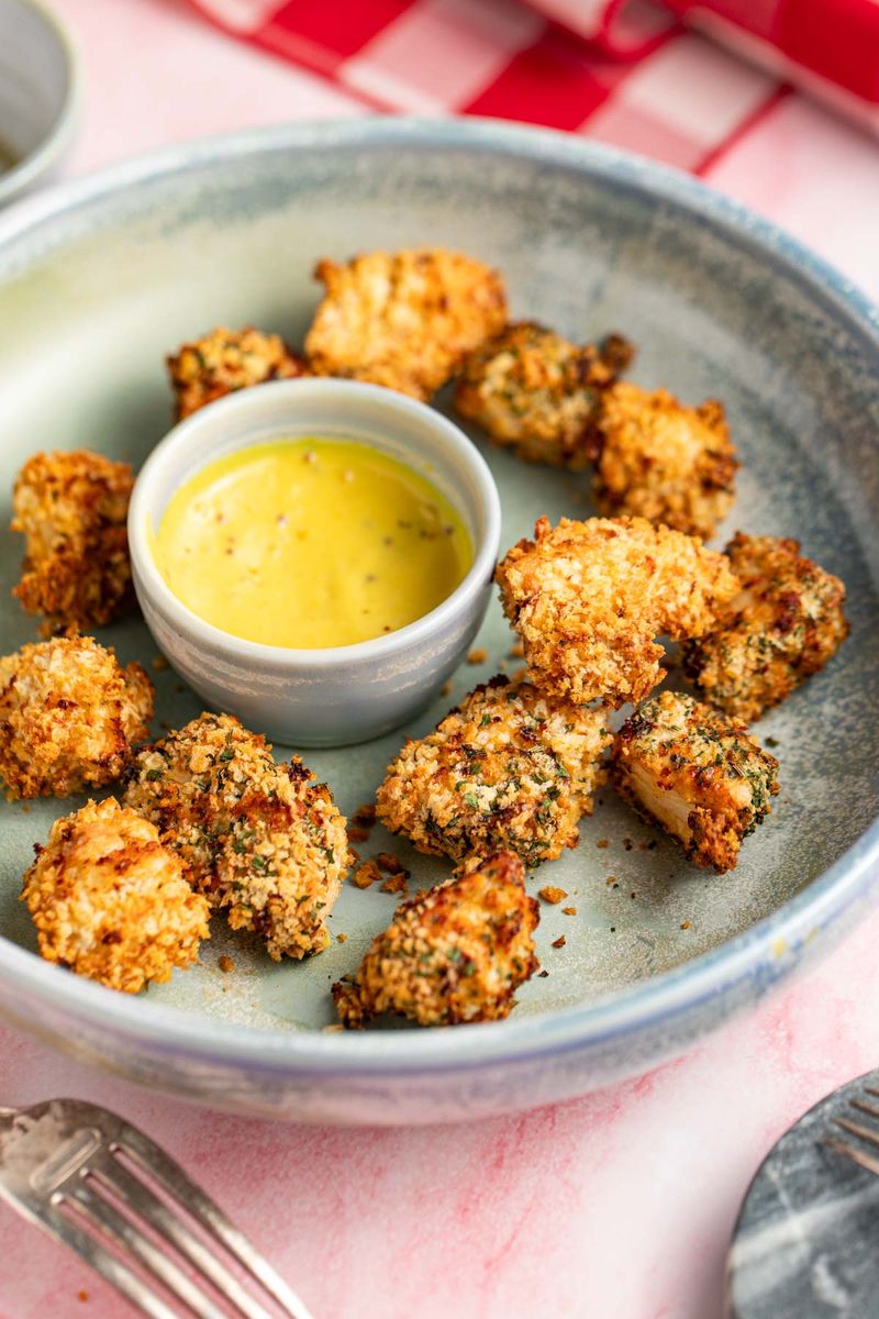 Air fried chicken bites with sweet mustard sauce