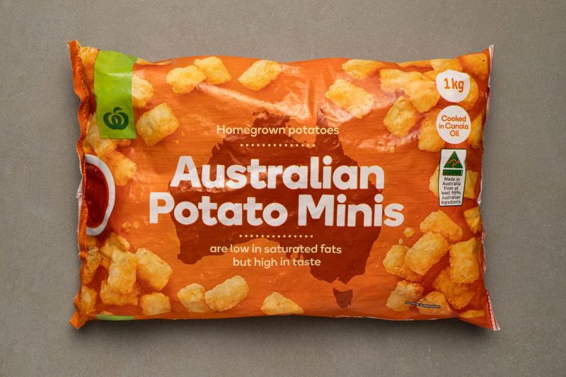 Frozen potato gems in packaging.