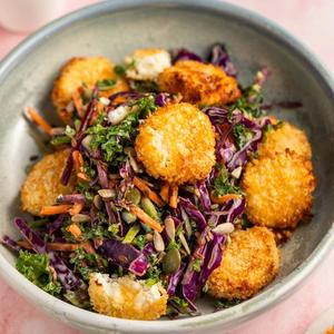 Air fried goats cheese in a kale and beetroot salad