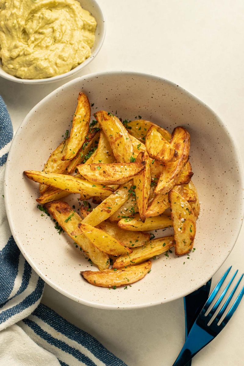 Air fried potato wedges in a bowl next to some avocado dip