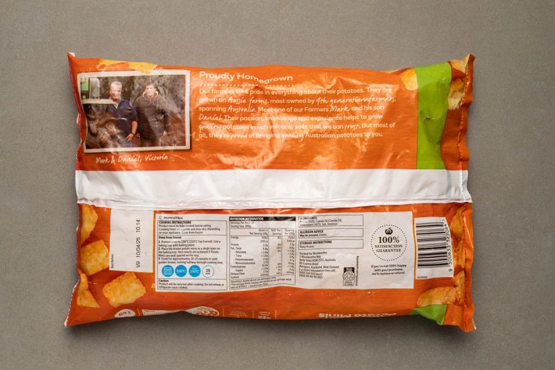 Frozen potato gems in packaging.