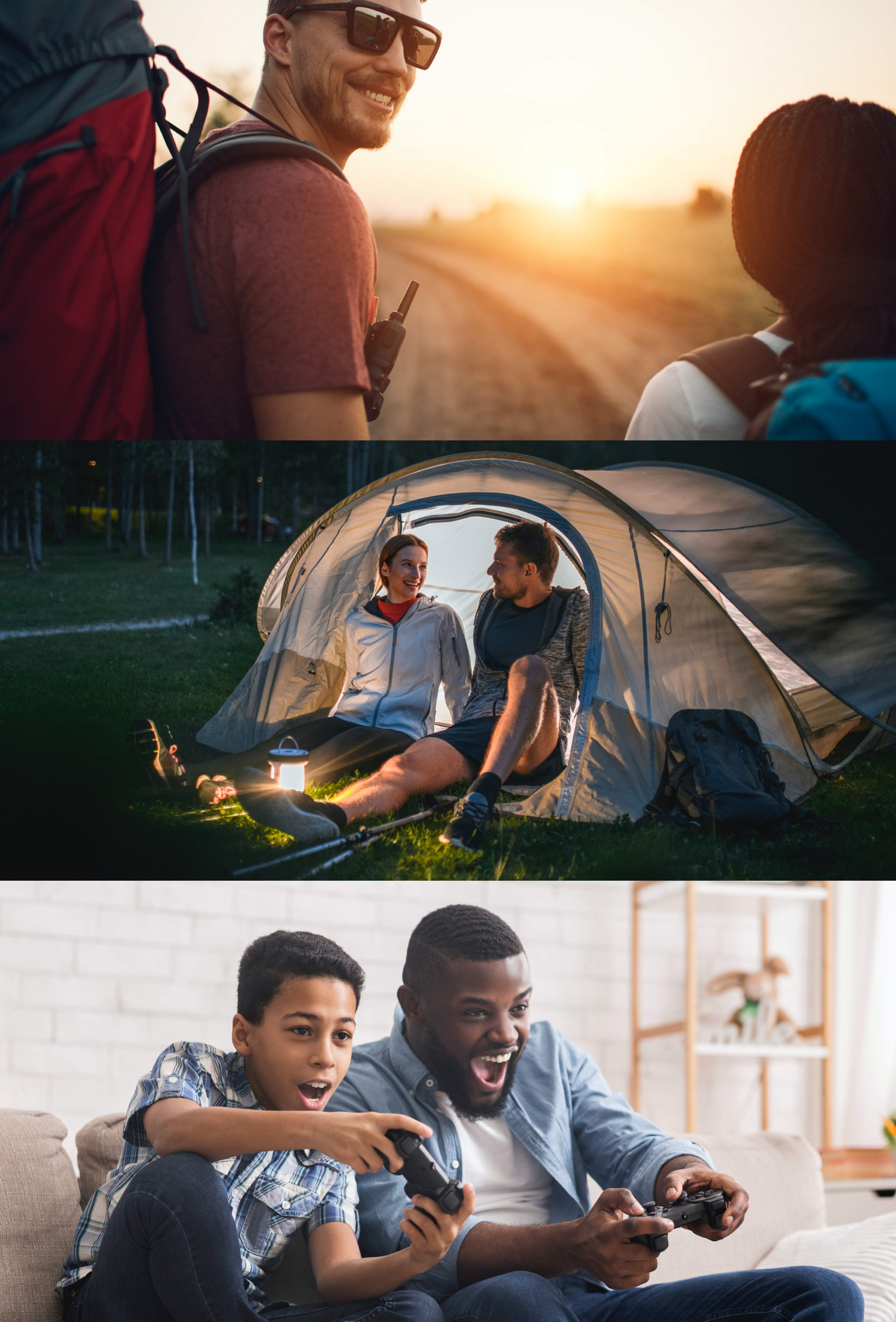 Background picture showing a man with sunglasses and wearing a backpack, a Caucasian couple camping and African American father and son playing videogames