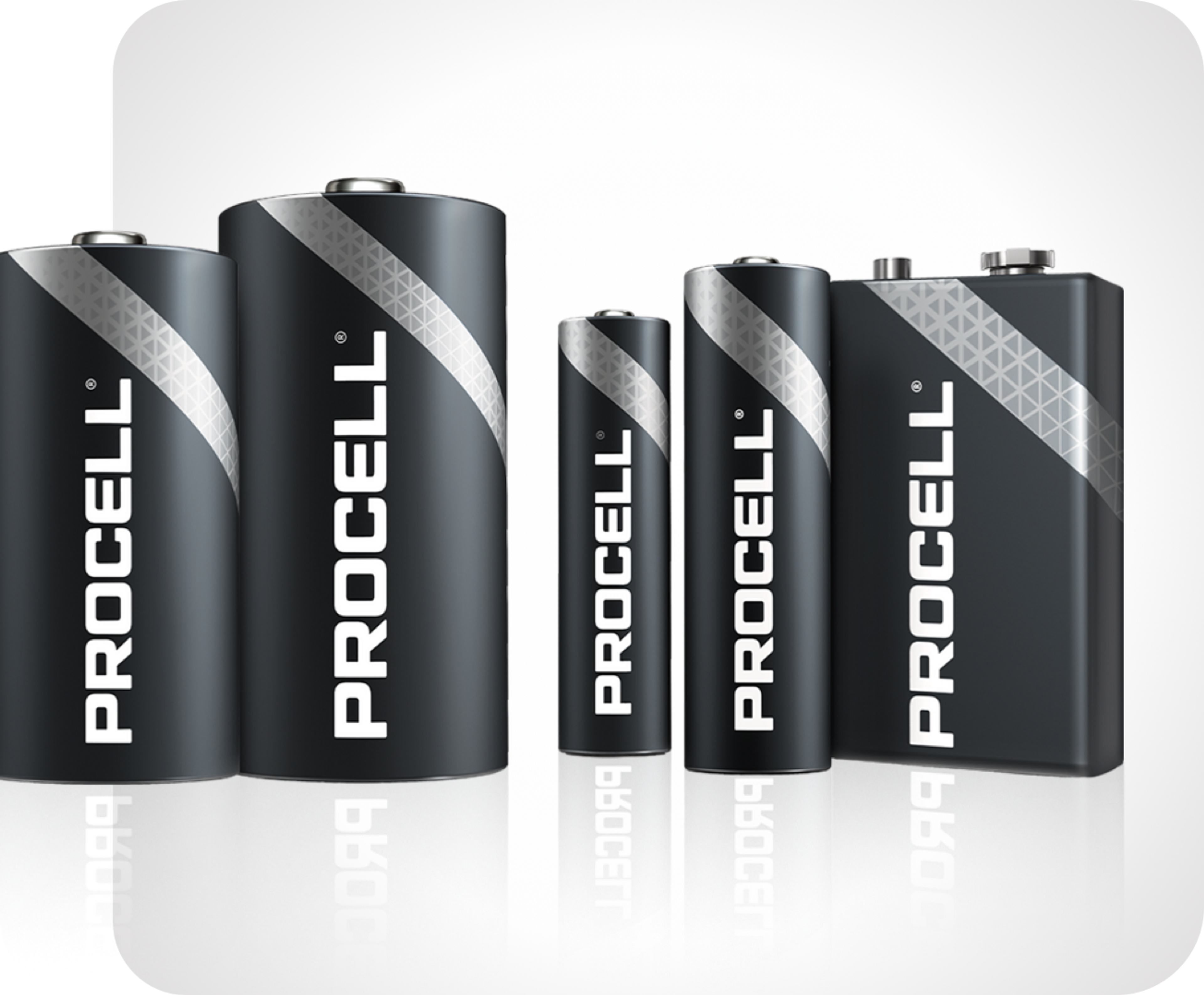 Image of various Duracell Coppertop batteries in popular sizes: AA, AAA, C, D and 9-volt.