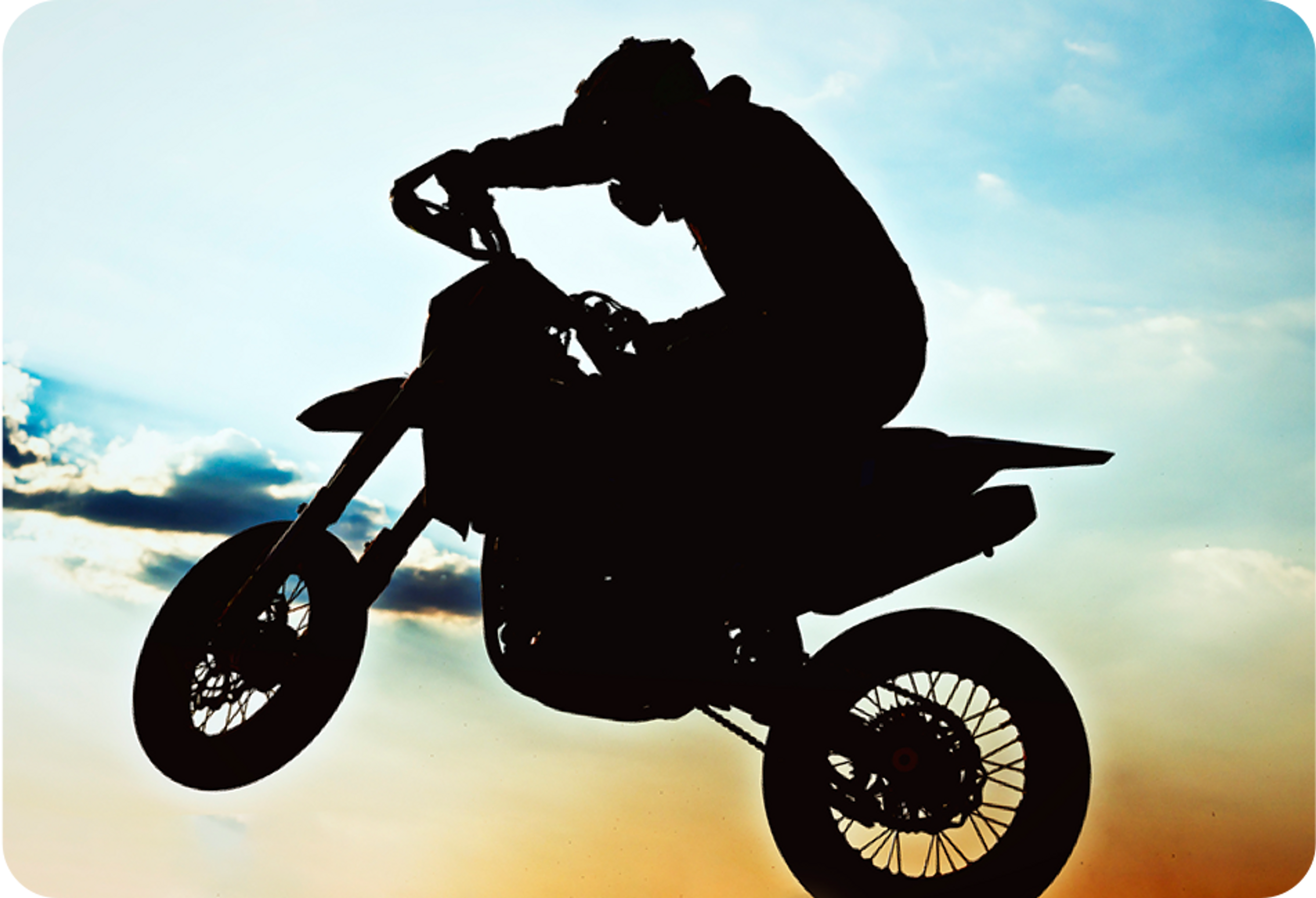Picture of man riding a dirt bike in the air with " Motorcycle & Powersports" written in the middle of this image in red sentence case letter on a white rectangular background