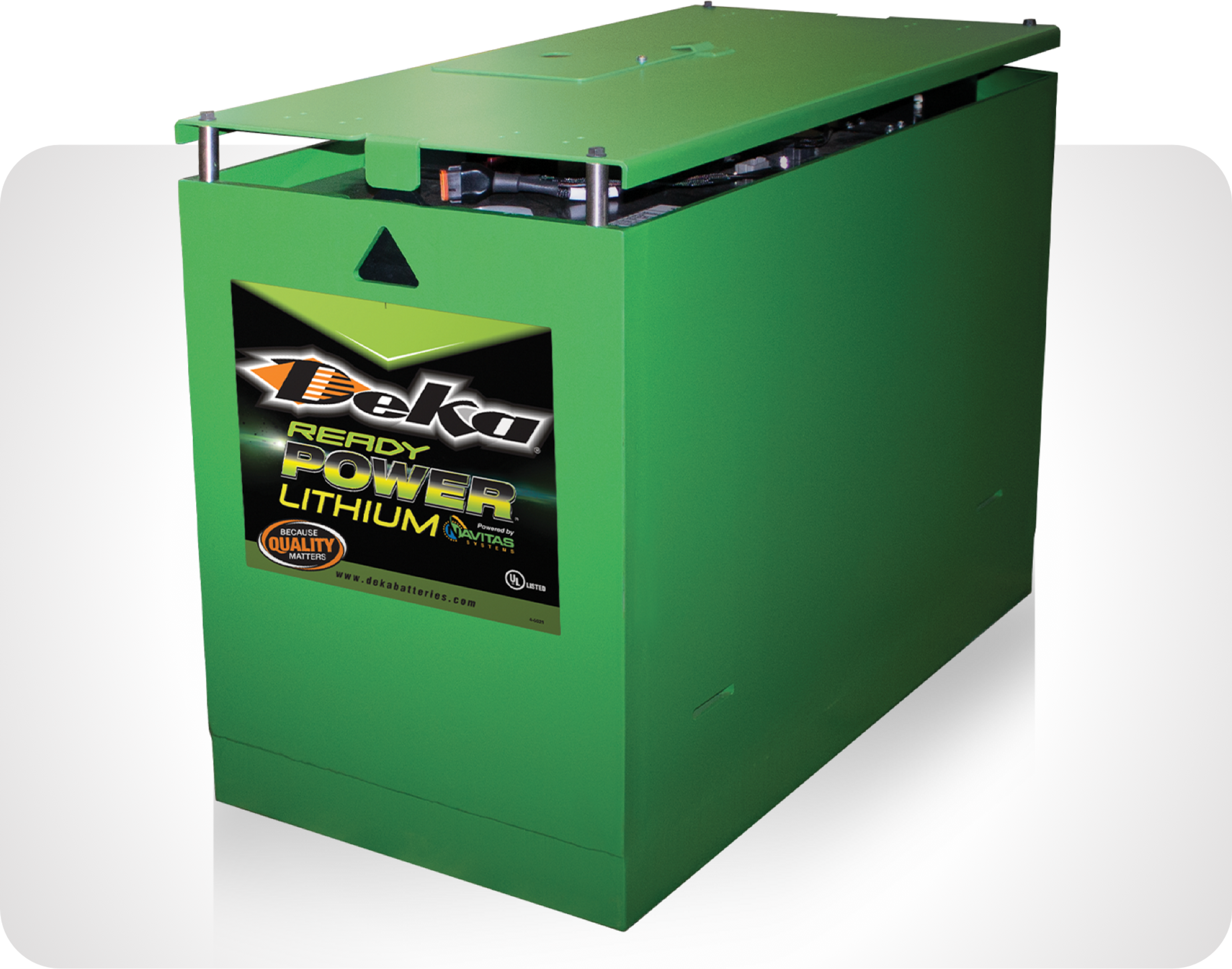 Photo de batterie verte Power Ready au lithium sur fond noir avec faisceaux larges rouges et blanches