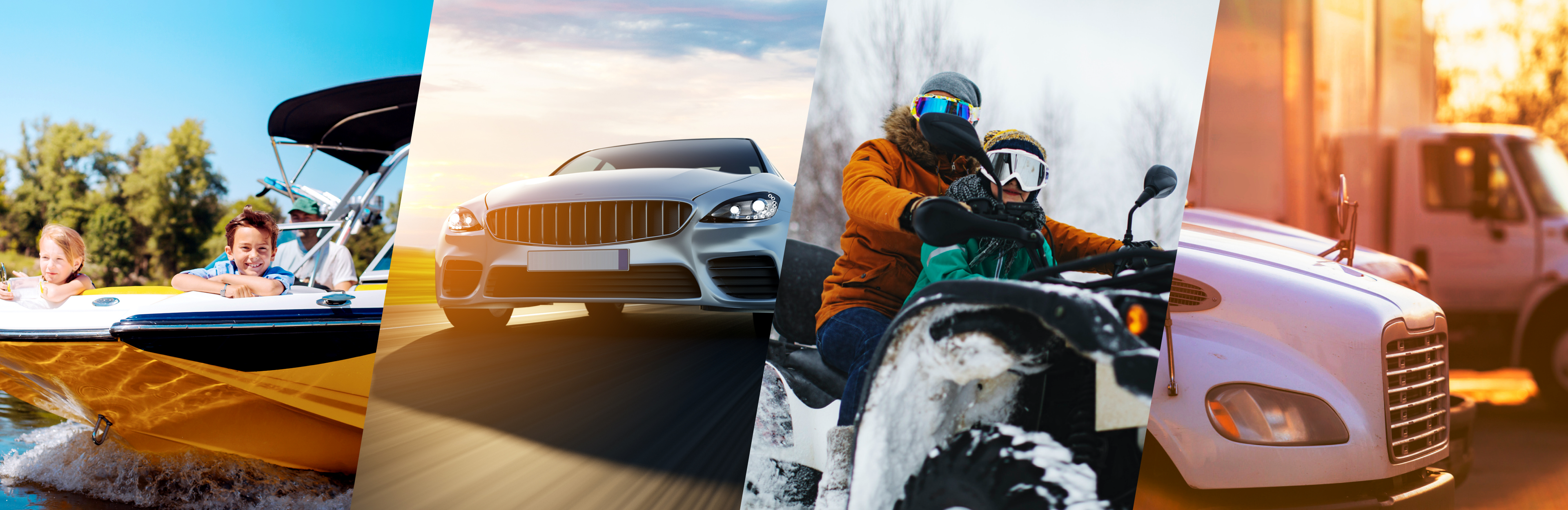 Background image divided into four segments, segment one shows a caucasian boy, girl and man in a boat, second segment shows a luxury vehicle, third image shows two people on snow bikes, fourth segment shows transport trucks