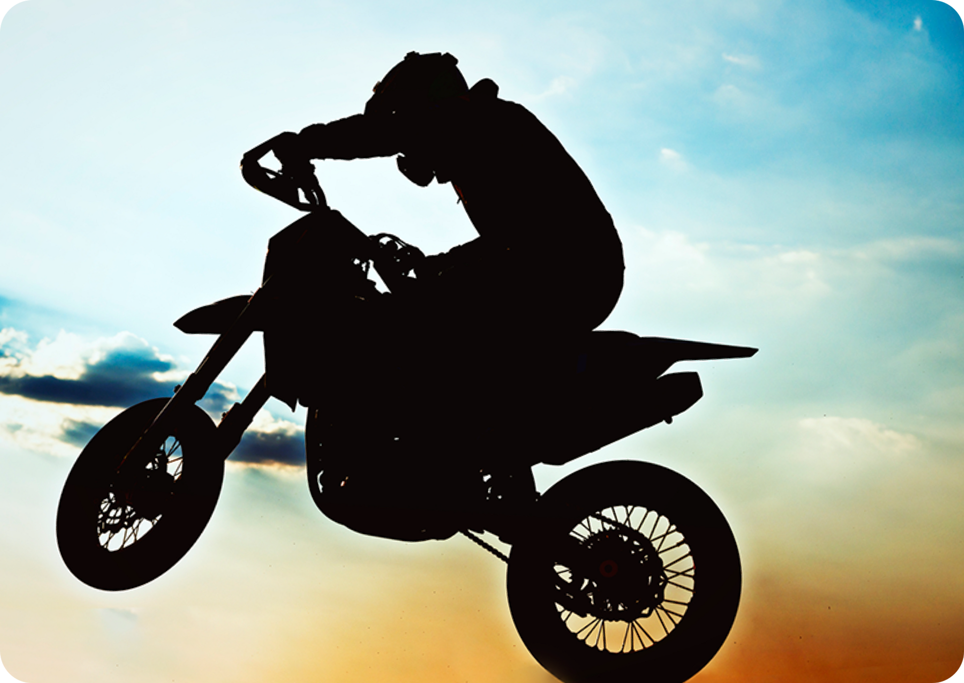 Picture of man riding a dirt bike in the air with " Motorcycle & Powersports" written in the middle of this image in red sentence case letter on a white rectangular background