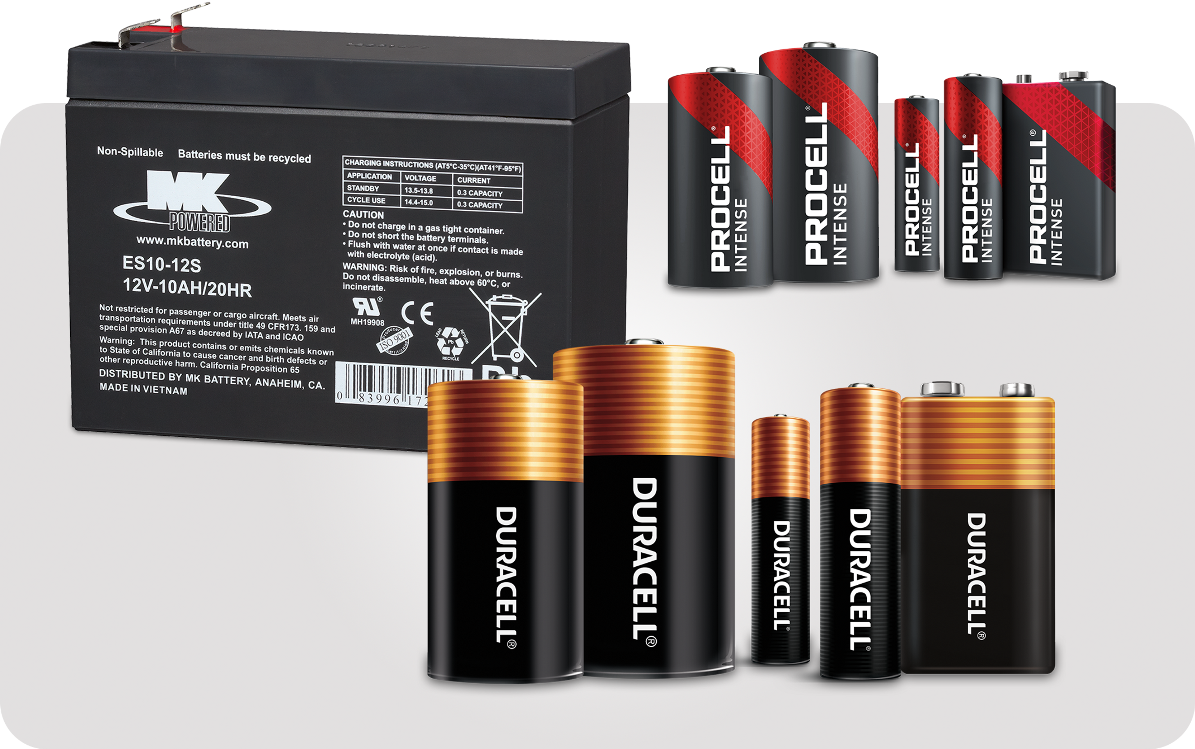 Picture of various batteries including duracell, procell and East Penn car battery 