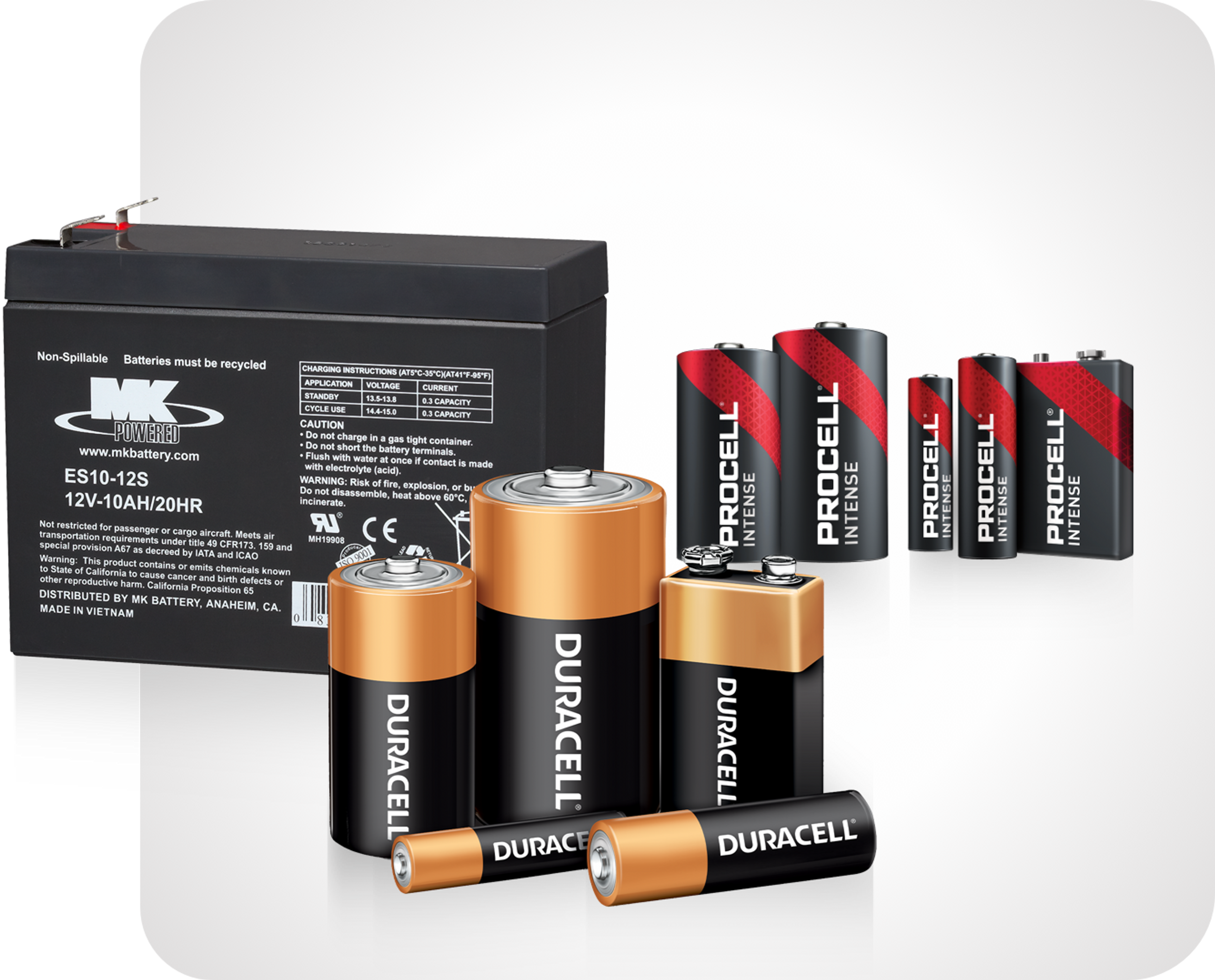 Picture of various batteriesn inclucing duracell, procell and East Penn car battery 