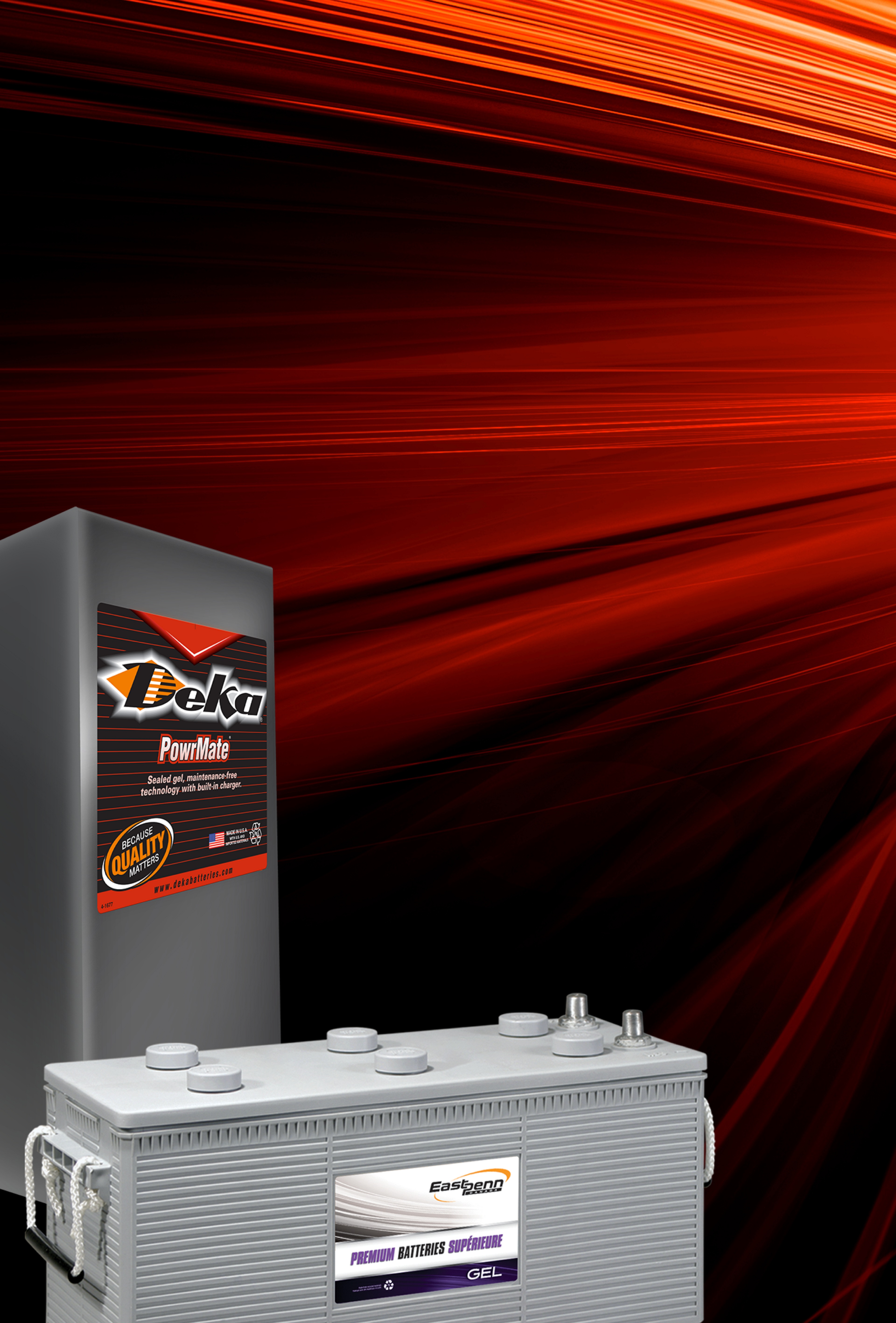 Picture of deka PowrMate battery and East Penn brand car battery on a black background with red light flares