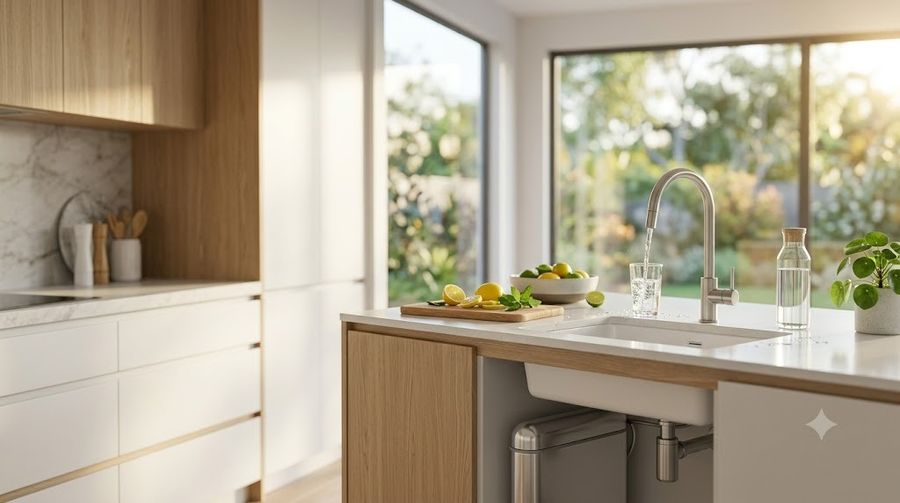 Filtered water pouring from a kitchen tap into a glass