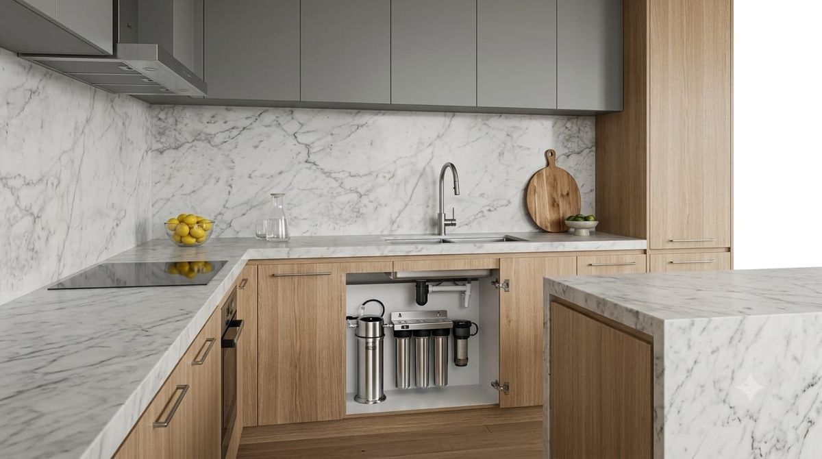 Under sink water filter installed in a modern Australian kitchen