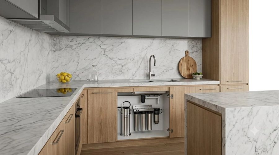 Under-sink water filtration system fitted inside a kitchen cabinet