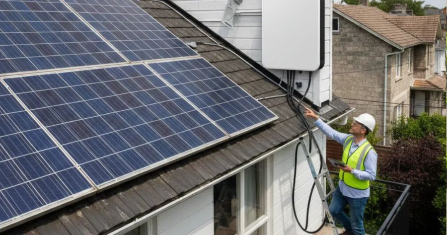 Solar technician installing panels and battery storage