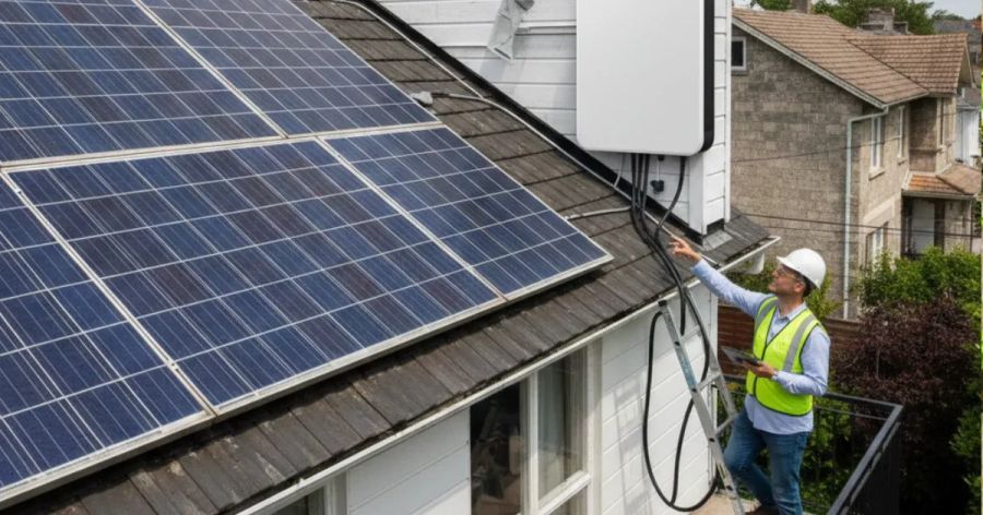 Solar technician installing panels and battery storage