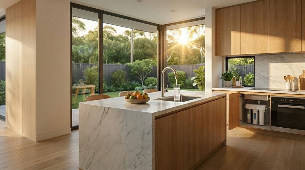 Modern Australian kitchen with an Ecovera under-sink water filtration system installed
