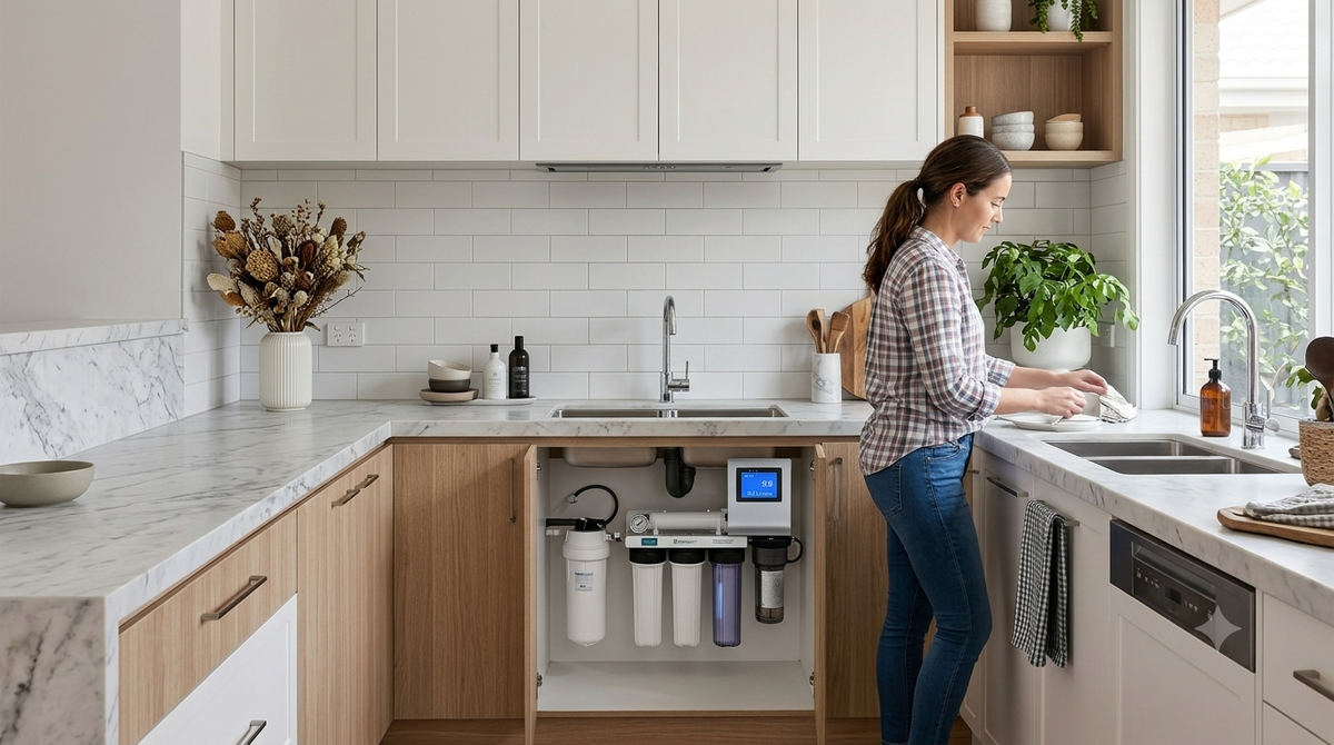 Under-sink water filtration system fitted inside a kitchen cabinet