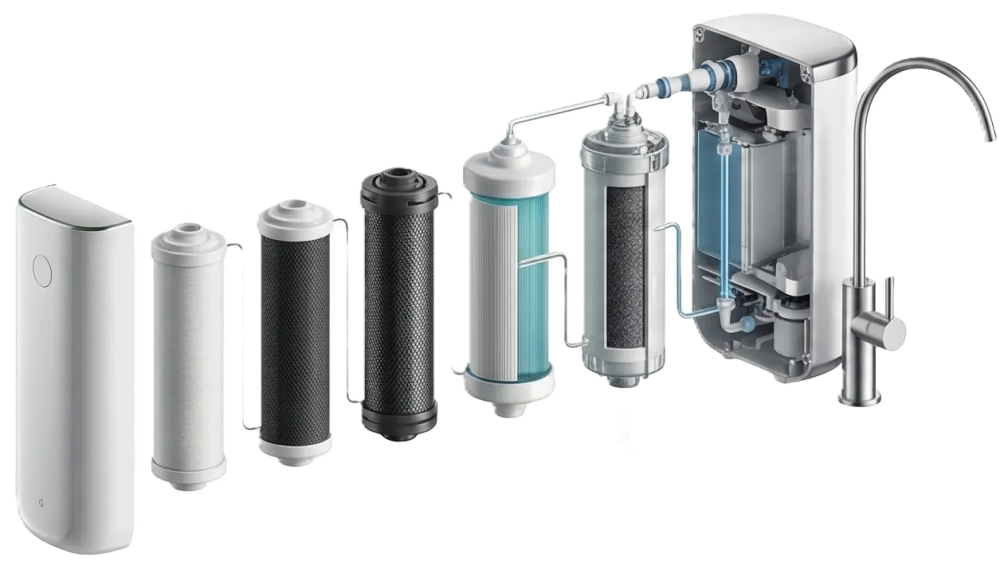 Exploded view of an Ecovera under-sink water filtration system showing its replaceable filter cartridges