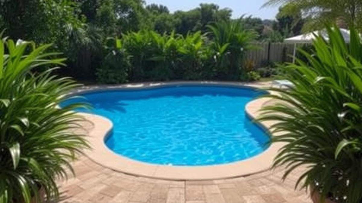 A sparkling blue swimming pool surrounded by lush green landscaping.