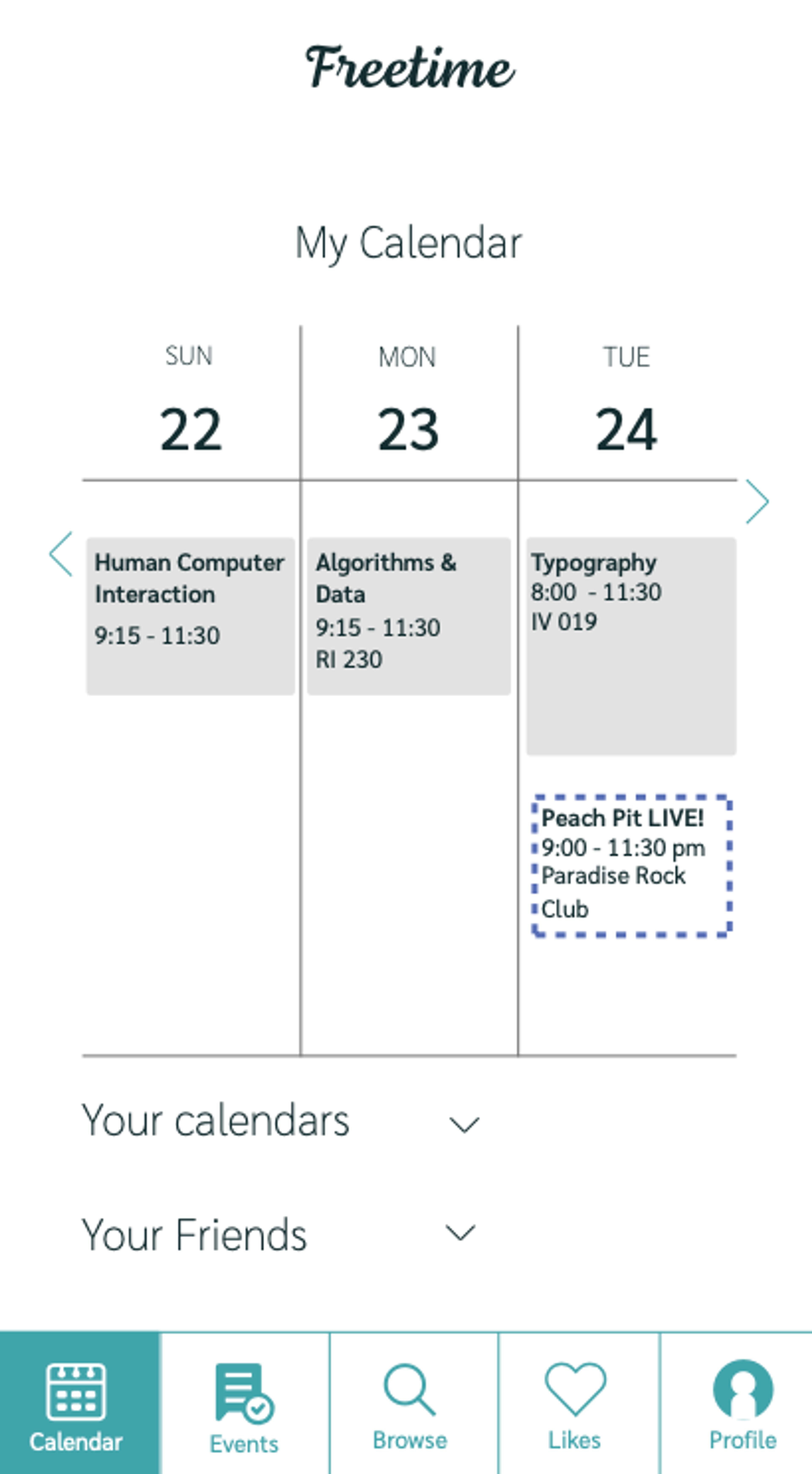 Freetime mobile view of home page calendar