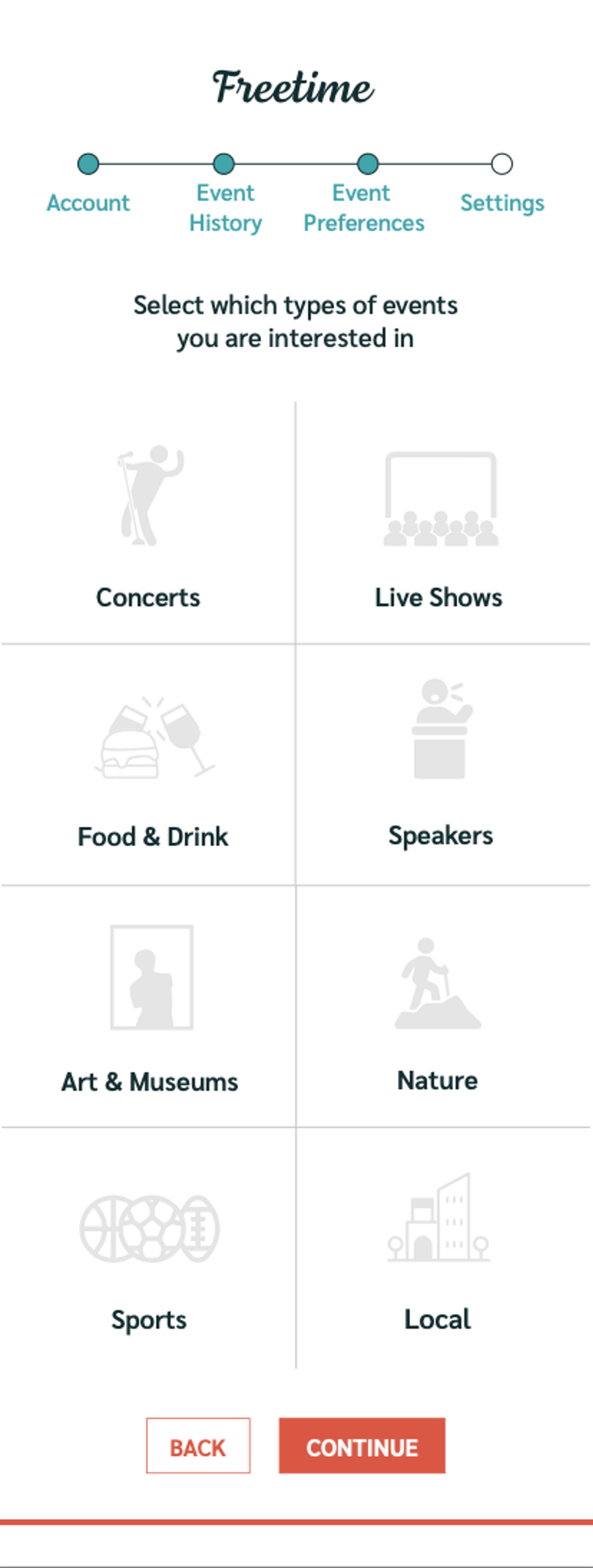 Freetime mobile view of selecting event interest