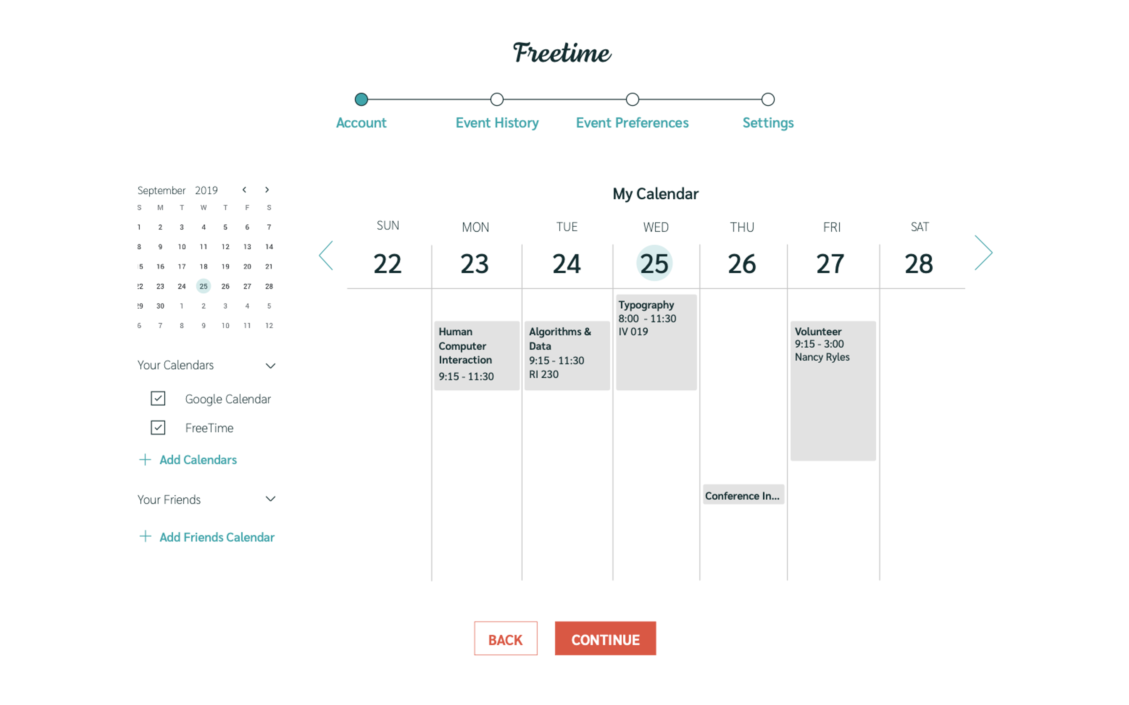 Freetime desktop view of calendar setup