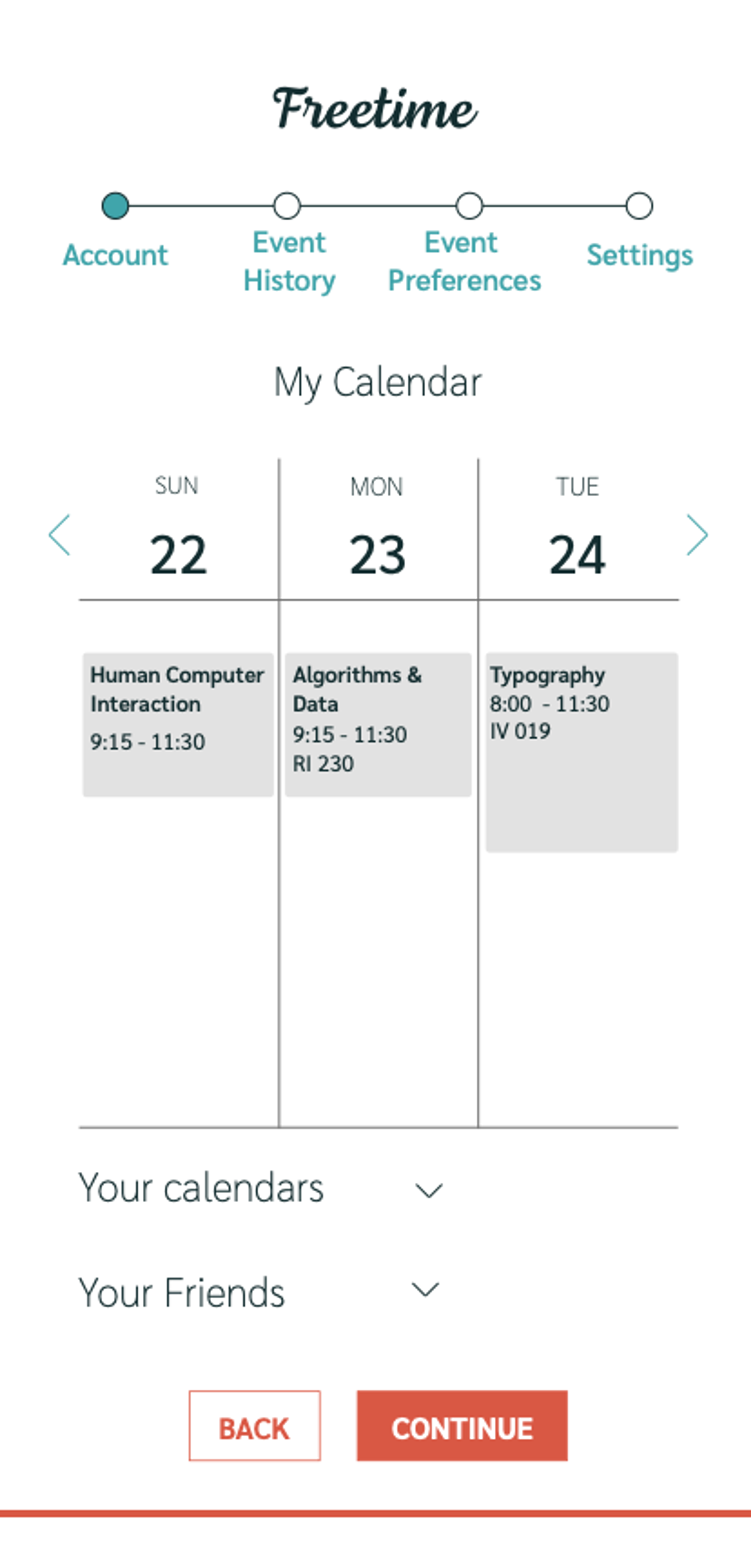 Freetime mobile view of calendar setup