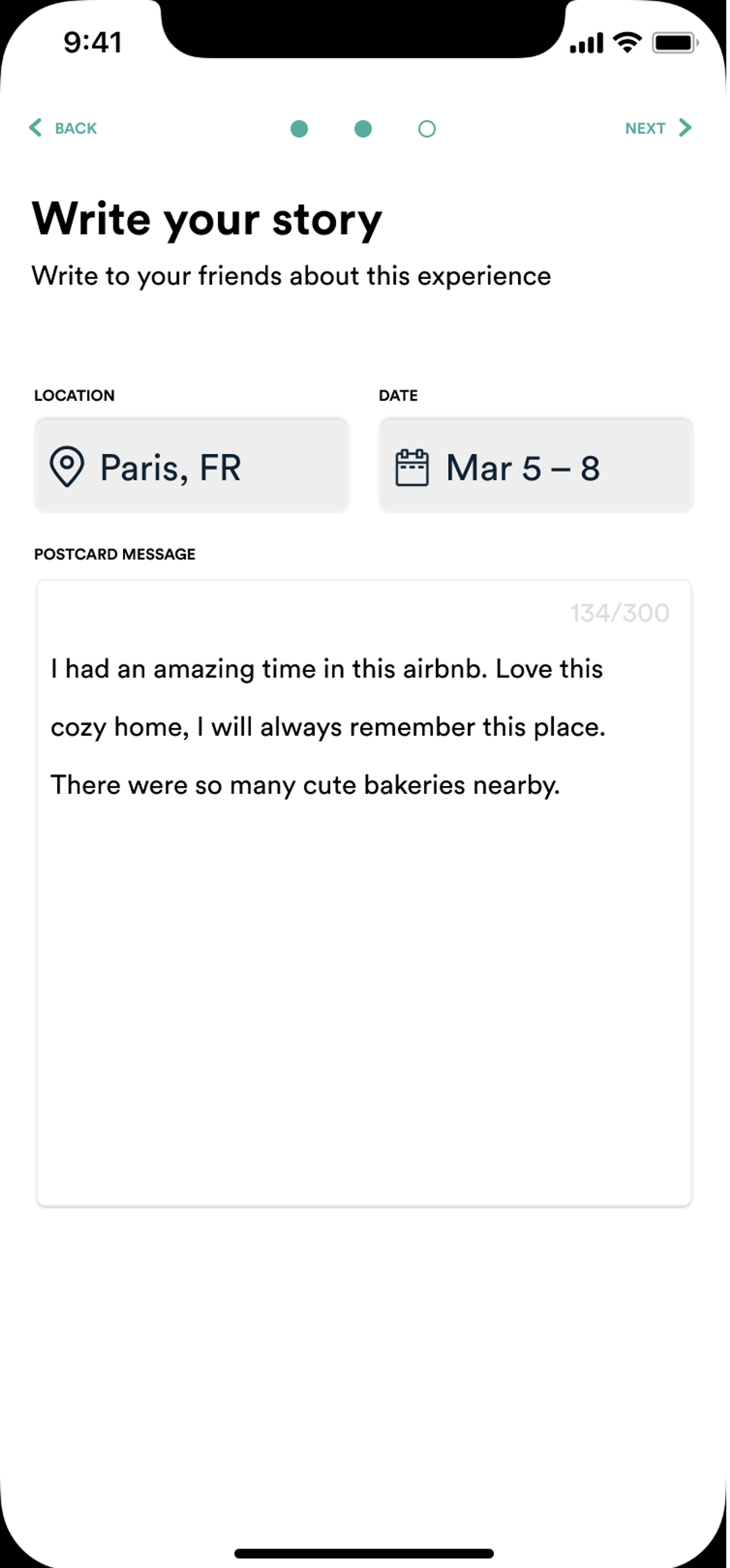 Postcards app prompt to write your story on the postcard