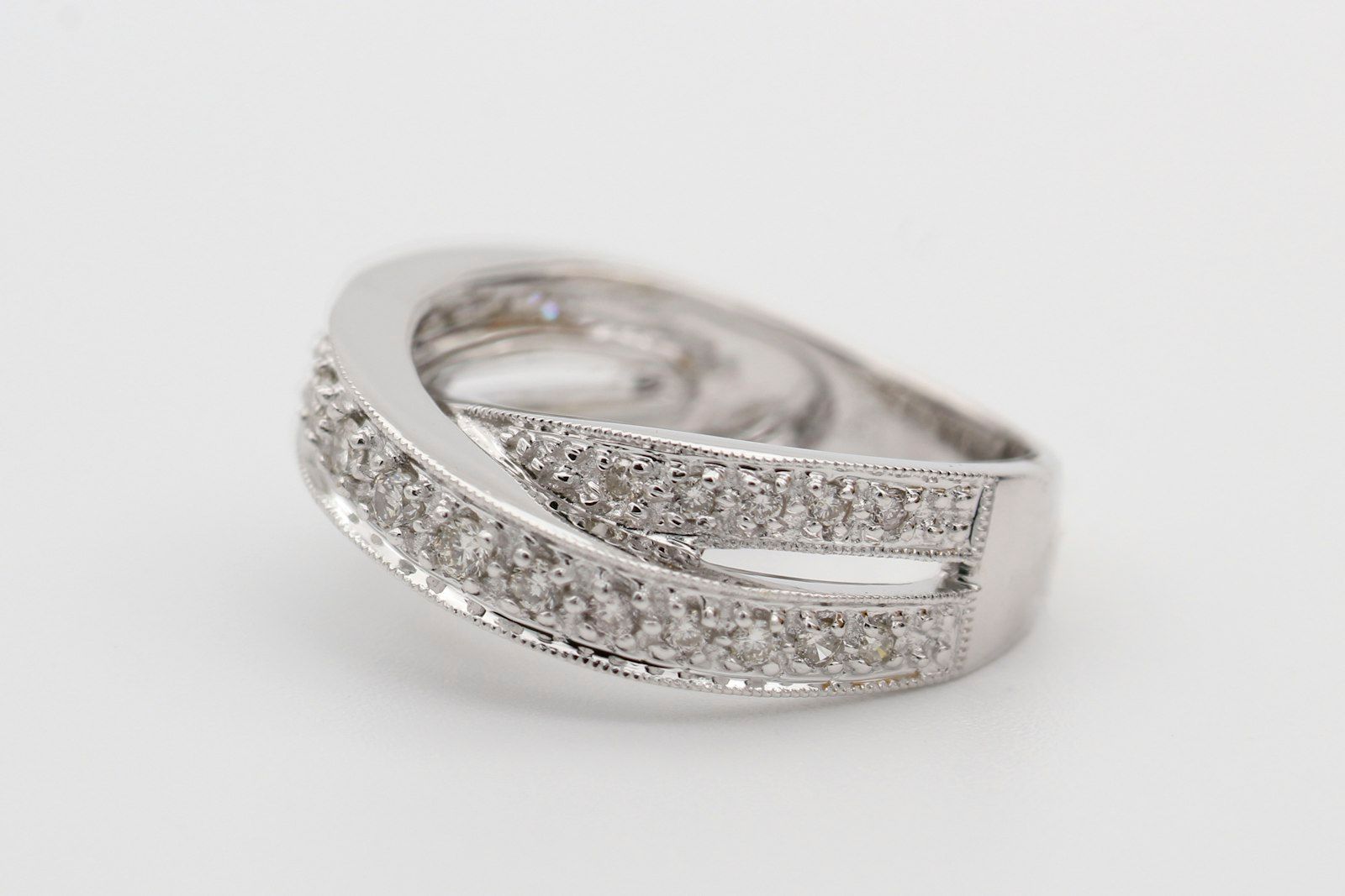 A diamond pavé crossover ring