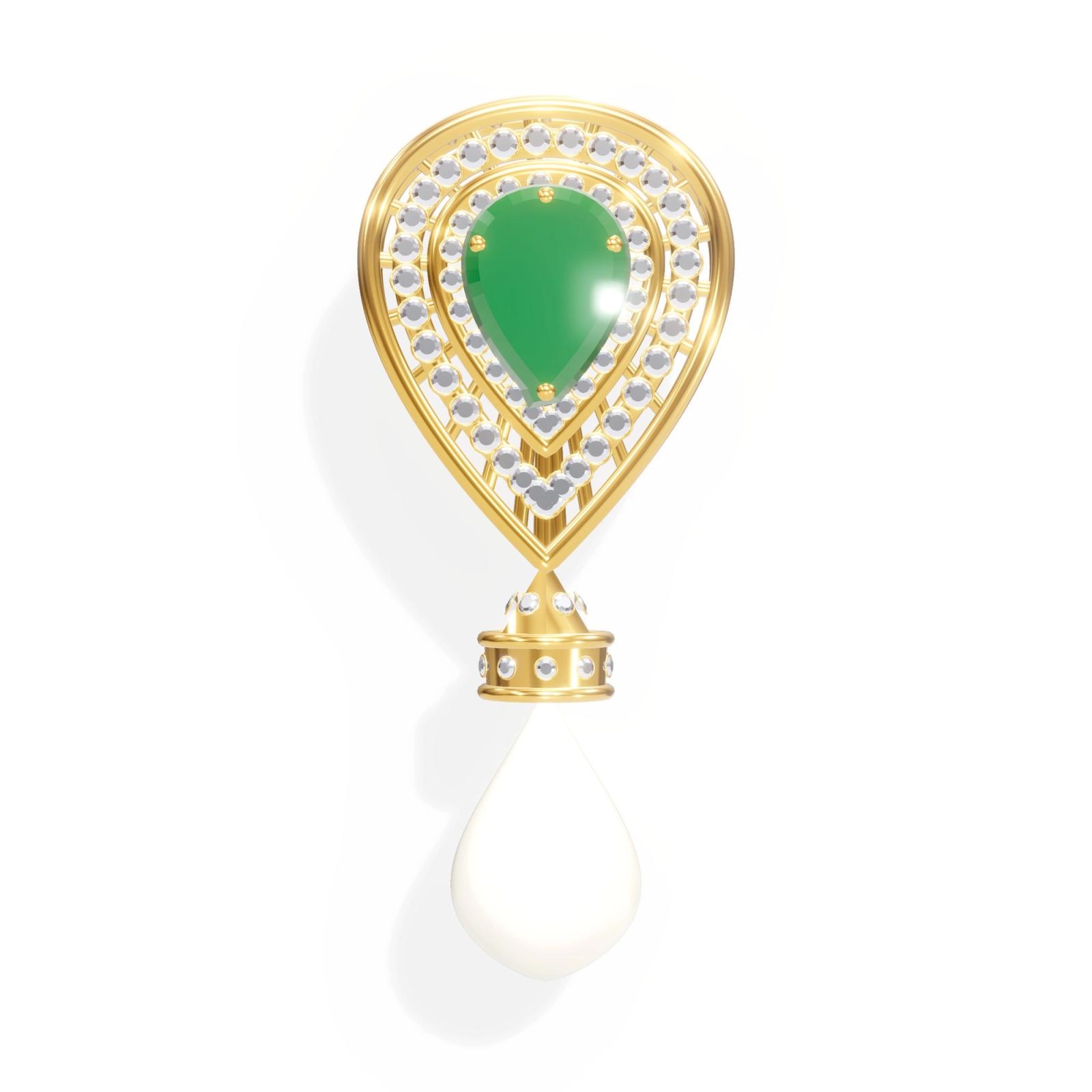 Pear drop earrings in 18KT yellow gold with an emerald, front view