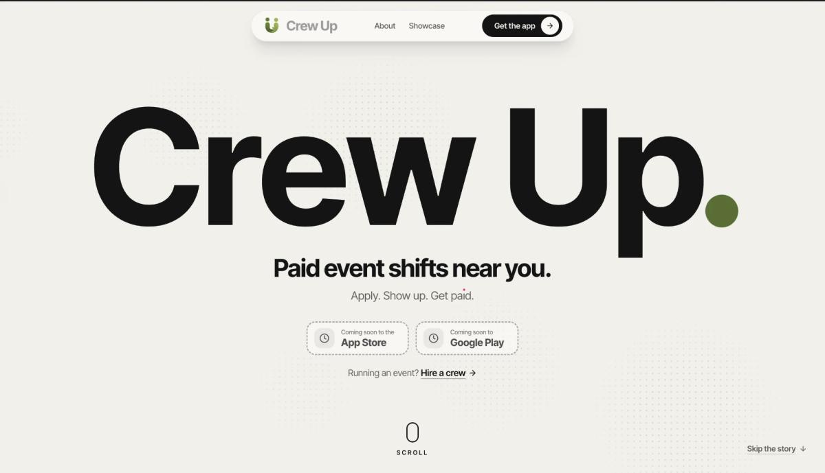 Crew Up landing page: Paid event shifts near you