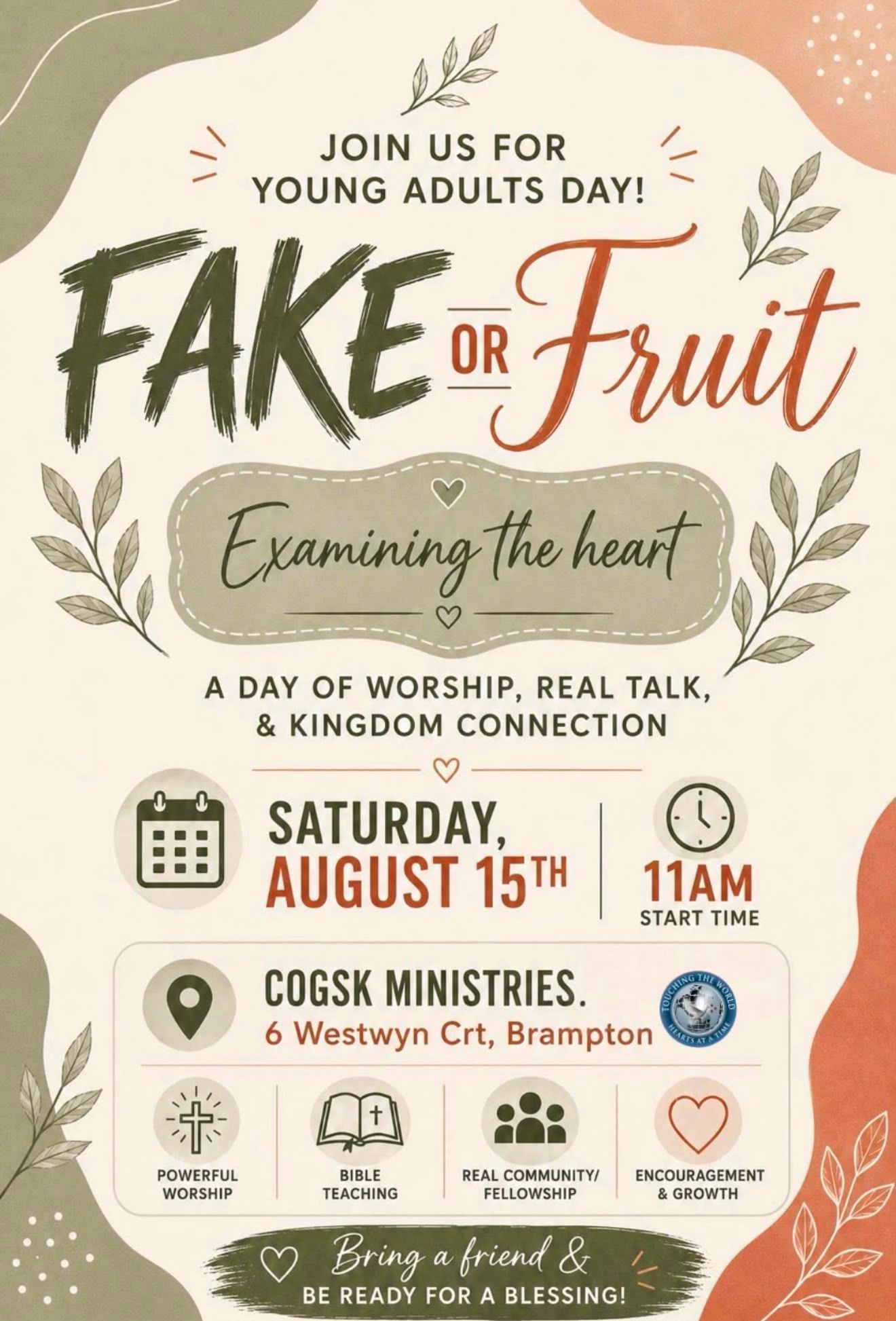 young adults day: fake or fruit on saturday, August 15 from 11am at 6 Westwyn crt, COGSK Ministries
