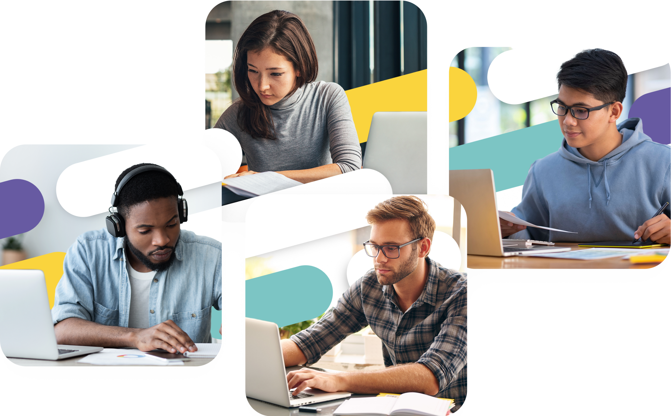 Four image boxes showing students studying and using Coaching Actuaries to prepare for their Actuarial Exam.