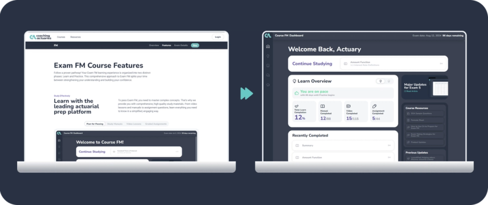 An illustration showing a side by side of our marketing site and the platform, demonstrating consistency in appearance.