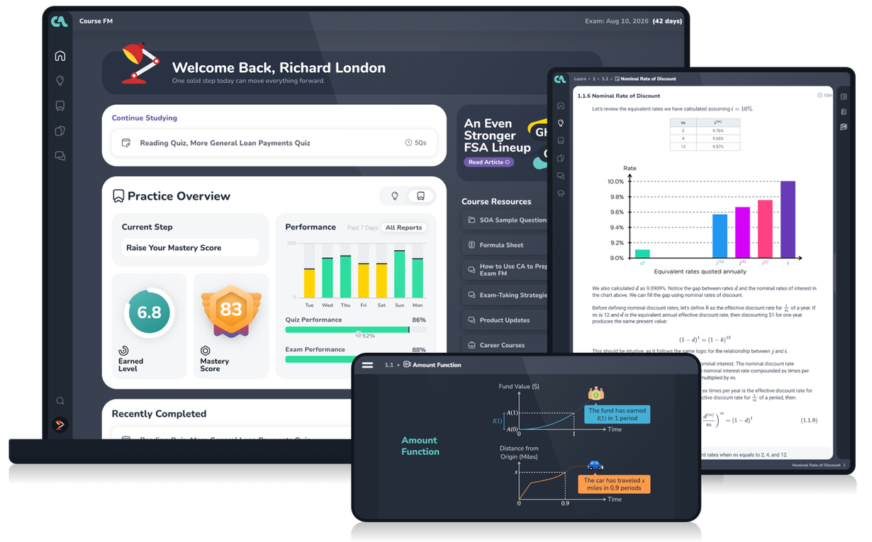 Showcase of the Coaching Actuaries platform. Dashboard, Manual, and video examples shown.