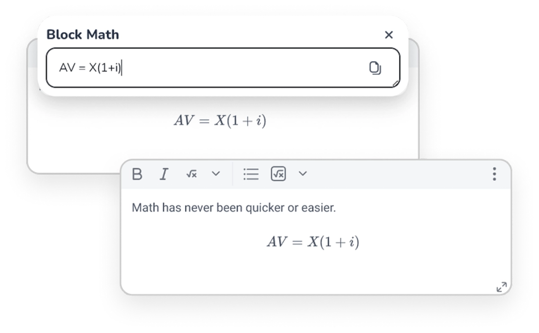 Screenshot of the LaTeX tool in the Coaching Actuaries discussions editor. A pop-up window titled "Block Math" shows the equation AV = X(1+i) typed in plain text, with a live preview rendering it in formatted mathematical notation below. A second panel shows the finished post in the editor with the sentence "Math has never been quicker or easier" above the cleanly rendered equation.