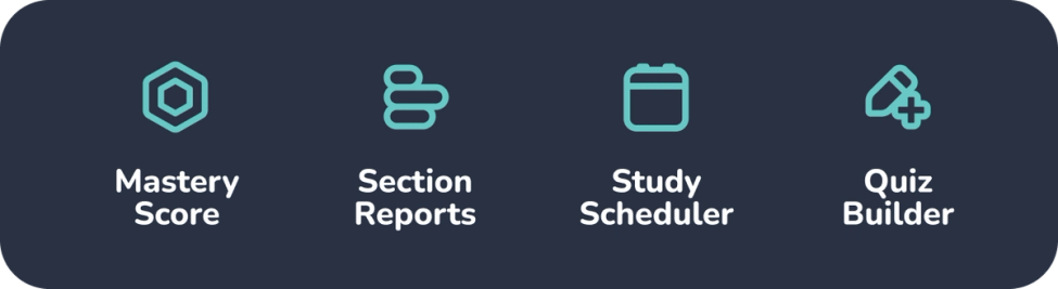 Icons for Mastery Score, Section Reports, Study Scheduler, and Quiz Builder