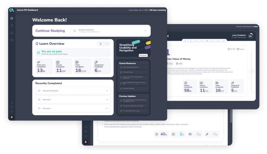 Three screens of the platform that show off improvements. There is a new dashboard and Learn design.