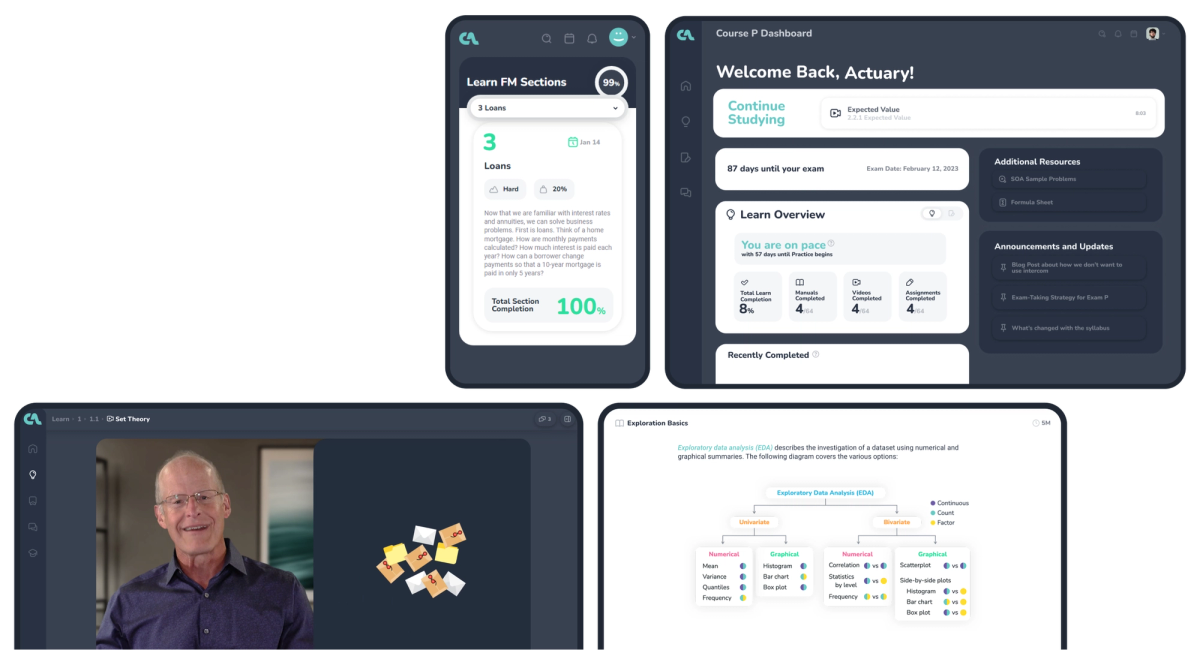 Screenshots of CA platform's Learning experience.