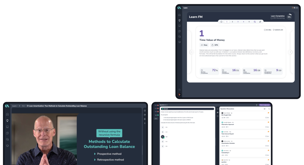 Screenshots of CA platform's Learning experience.
