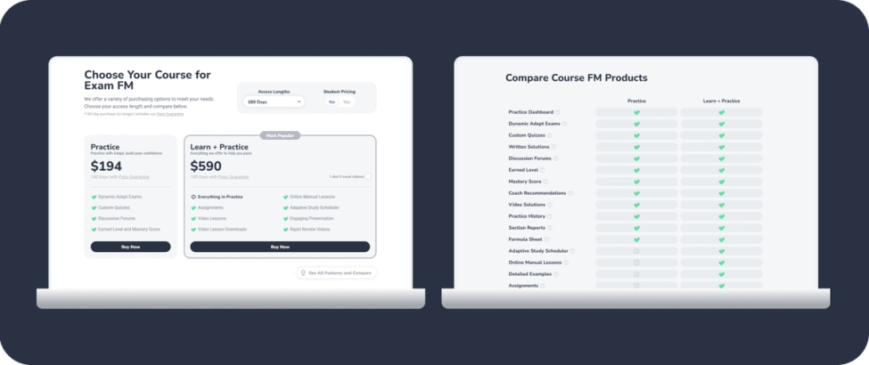 A look at the course-specific pricing page, featuring a breakdown of pricing options and a comparison list.
