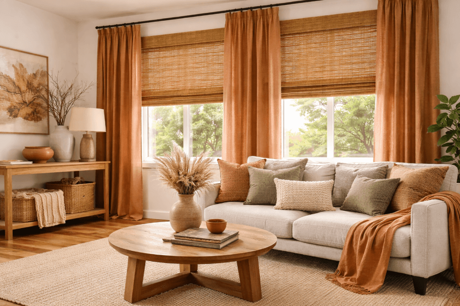 Living room featuring earth-toned window treatments with woven shades and warm neutral drapery, reflecting 2026 design trends.