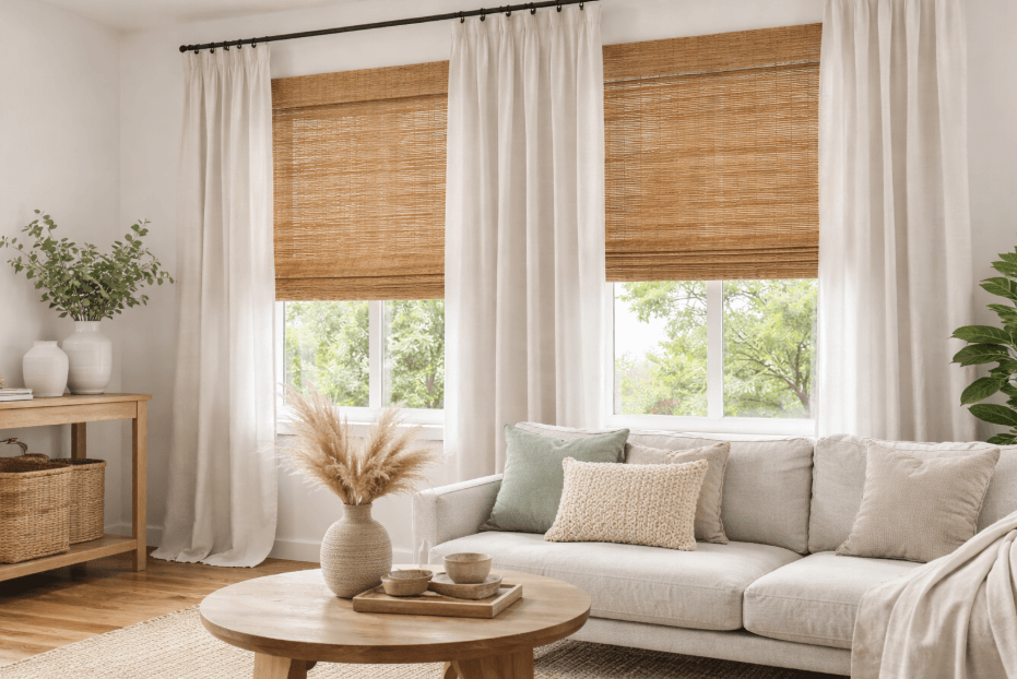 Close-up of woven bamboo window shades paired with soft linen curtains, showcasing organic textures in modern window treatments.
