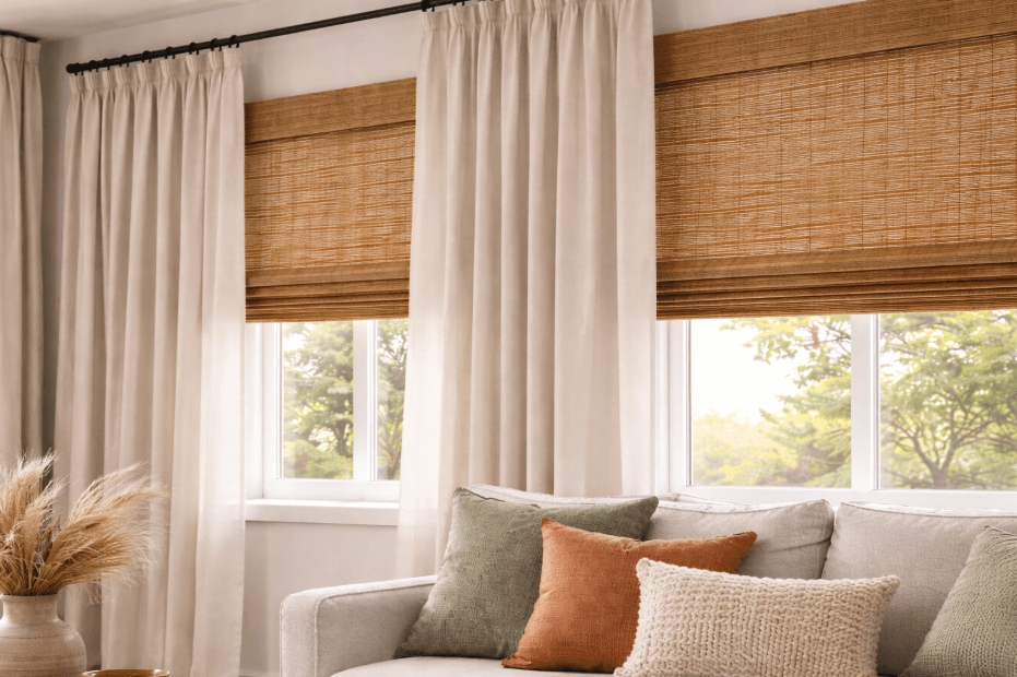Layered window treatments with bamboo shades and linen drapes, highlighting texture, depth, and balance in a modern living space.