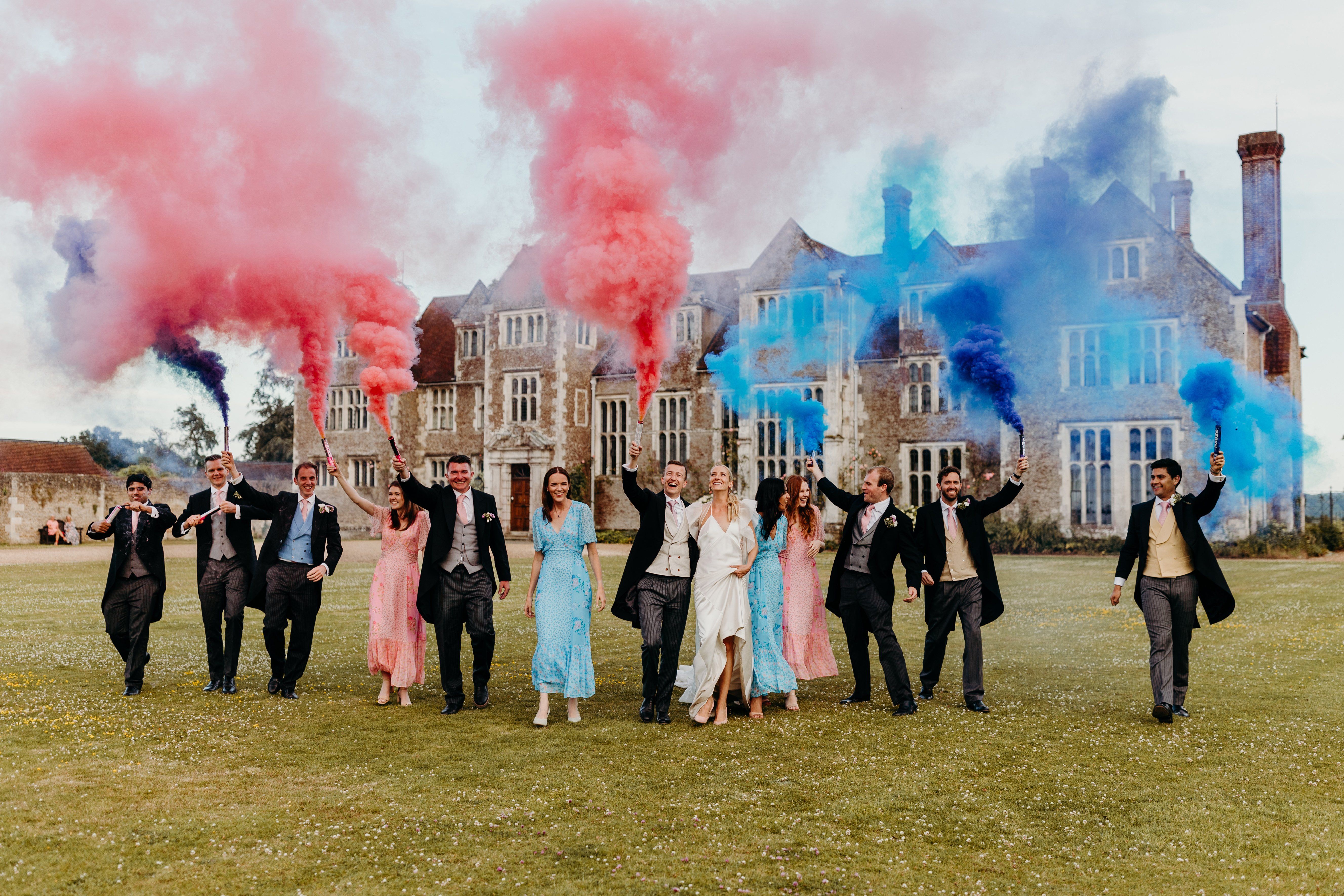 A group of wedding guests and the couple stand in a grassy field in front of a stately home