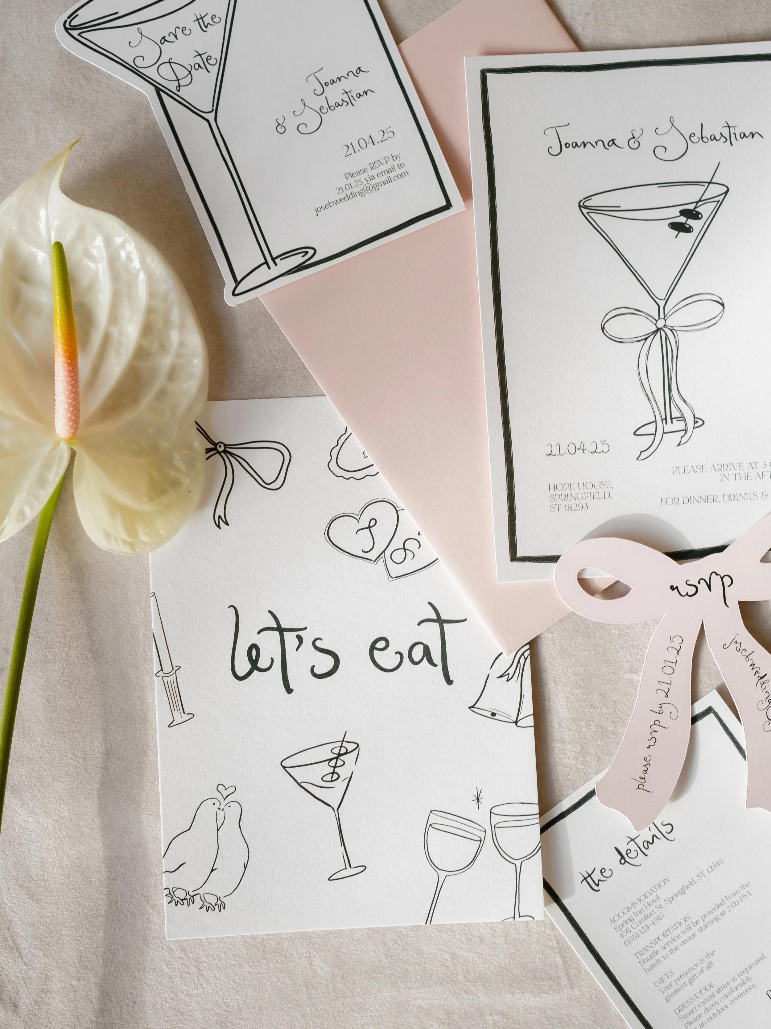 A whimsical stationery suite with a playful, hand-drawn aesthetic. It features a mix of a modern