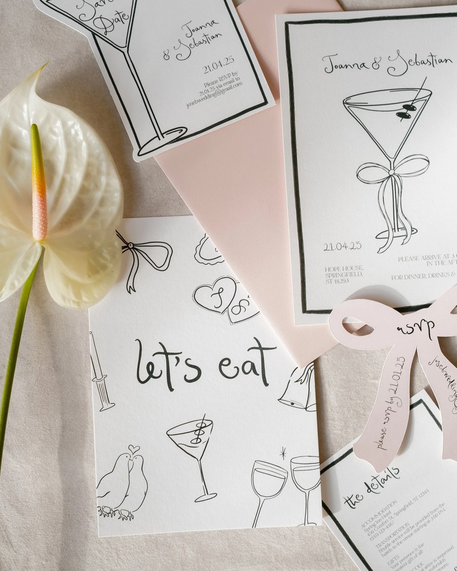 A whimsical stationery suite with a playful, hand-drawn aesthetic. It features a mix of a modern