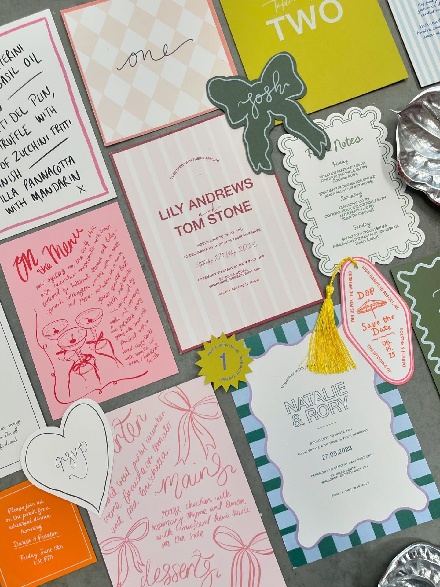A vibrant and playful stationery suite featuring multiple pieces with diverse designs. Typography