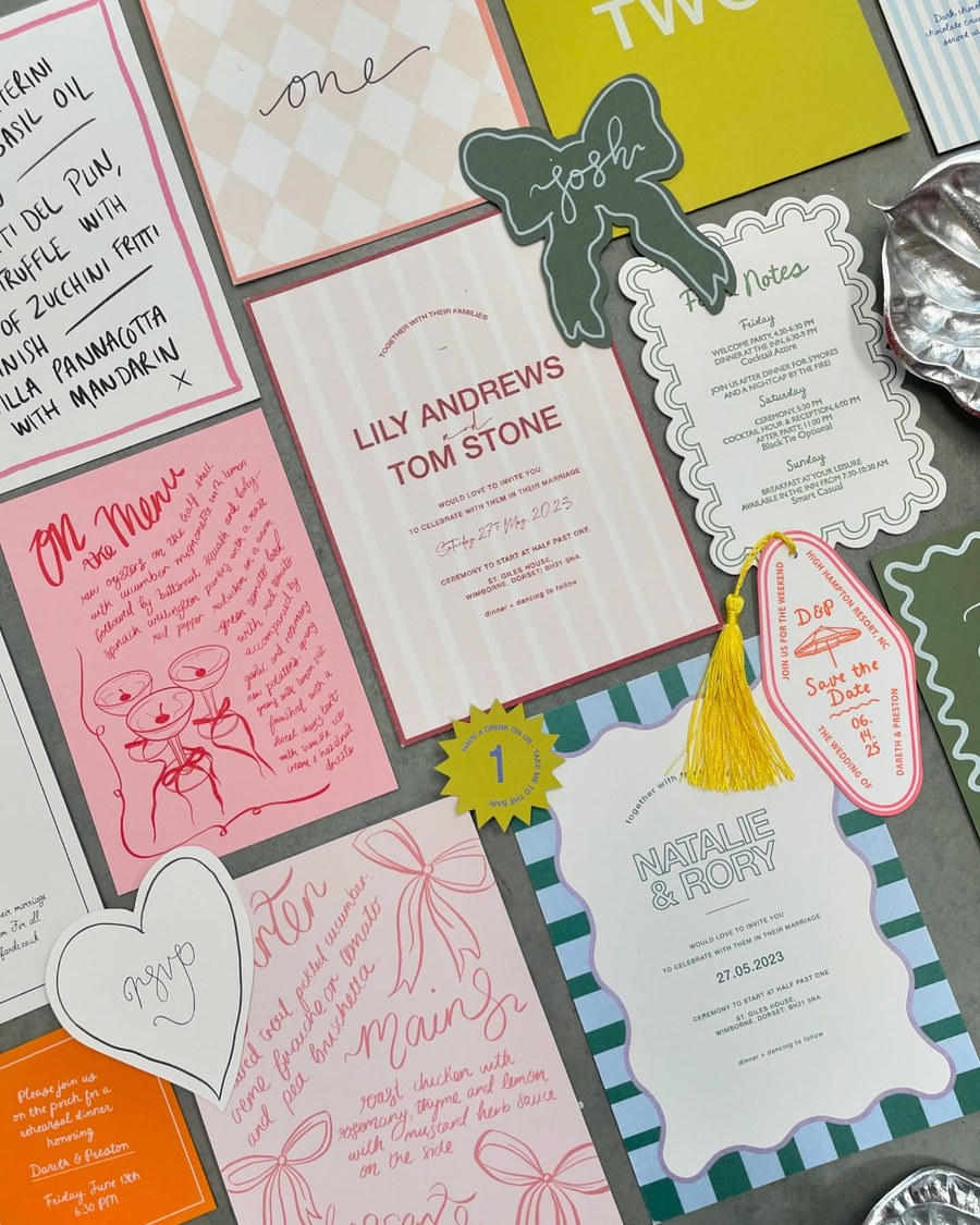 A vibrant and playful stationery suite featuring multiple pieces with diverse designs. Typography