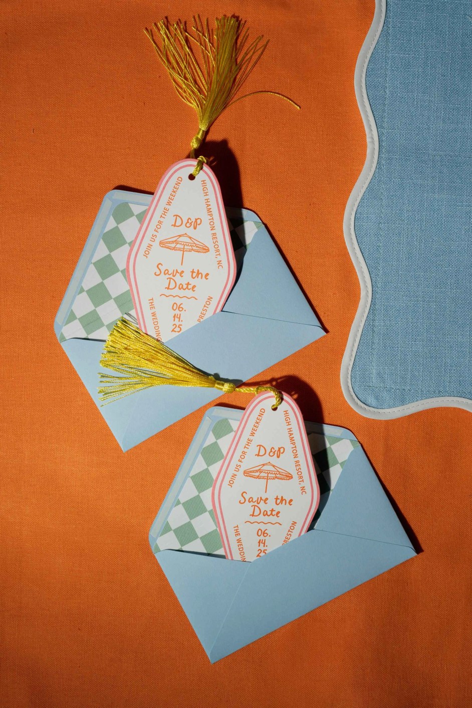 A playful save-the-date designed as a hotel key card, featuring hand-lettered typography and a line